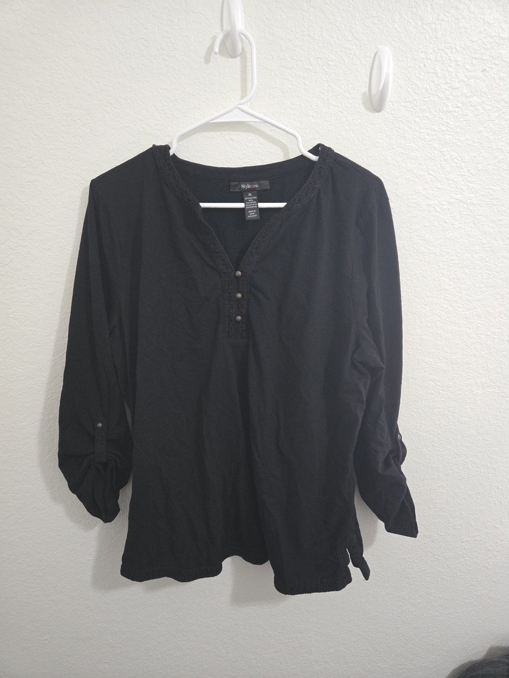 Style & Co. Black Long-Sleeve Lace-Trim Henley
